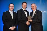 28 January 2012; Uachtarán CLG Criostóir Ó Cuana presents David Dunne, from Louth, with his Nicky Rackard award, alongside Alan Smullen, General Manager, Croke Park Hotel. The Christy Ring, Nicky Rackard & Lory Meagher Champion 15 Awards 2011, Croke Park, Dublin. Picture credit: Barry Cregg / SPORTSFILE