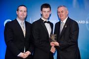 28 January 2012; Uachtarán CLG Criostóir Ó Cuana presents Shane McGann, from Meath, with his Christy Ring award, alongside Alan Smullen, General Manager, Croke Park Hotel. The Christy Ring, Nicky Rackard & Lory Meagher Champion 15 Awards 2011, Croke Park, Dublin. Picture credit: Barry Cregg / SPORTSFILE