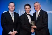 28 January 2012; Uachtarán CLG Criostóir Ó Cuana presents Adrian Wallace, from Louth, with his Nicky Rackard award, alongside Alan Smullen, General Manager, Croke Park Hotel. The Christy Ring, Nicky Rackard & Lory Meagher Champion 15 Awards 2011, Croke Park, Dublin. Picture credit: Barry Cregg / SPORTSFILE