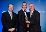 28 January 2012; Uachtarán CLG Criostóir Ó Cuana presents Peter Daly, from Fingal, with his Nicky Rackard award, alongside Alan Smullen, General Manager, Croke Park Hotel. The Christy Ring, Nicky Rackard & Lory Meagher Champion 15 Awards 2011, Croke Park, Dublin. Picture credit: Barry Cregg / SPORTSFILE