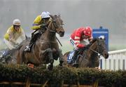 29 January 2012; Burn And Turn, with Robbie Power up, jump the last on their way to winning the Frank Conroy Memorial Maiden Hurdle. Leopardstown Racecourse, Leopardstown, Co. Dublin. Picture credit: Barry Cregg / SPORTSFILE