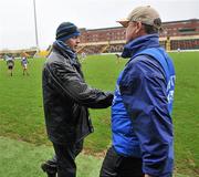 29 January 2012; Dublin manager Anthony Daly, left, shakes hands with Teddy McCarthy, Laois manager, at the end of the game. Bord na Mona Walsh Cup, Laois v Dublin, O'Moore Park, Portlaoise, Co. Laois. Picture credit: David Maher / SPORTSFILE