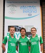 30 January 2012; The Olympic Countdown continues for the men’s Irish hockey team as they prepare for their Olympic qualifying tournament which will take place in UCD from the 10th-18th March. Electric Ireland were today unveiled as the title sponsor of the FIH Olympic Qualifying Tournament. The Electric Ireland FIH Road to London tournament is the only direct Olympic Qualifying tournament taking place in Ireland across any discipline and brings six nations together to battle it out for one spot in the London 2012 Olympics. At the Electric Ireland’s Olympic Countdown Clock are members of the Ireland men's hockey team, from left, Stuart Loughrey, Ronan Gormley and Mitch Darling. Fitzwilliam Street, Dublin. Picture credit: Brendan Moran / SPORTSFILE