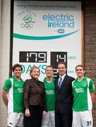30 January 2012; The Olympic Countdown continues for the men’s Irish hockey team as they prepare for their Olympic qualifying tournament which will take place in UCD from the 10th-18th March. Electric Ireland were today unveiled as the title sponsor of the FIH Olympic Qualifying Tournament. The Electric Ireland FIH Road to London tournament is the only direct Olympic Qualifying tournament taking place in Ireland across any discipline and brings six nations together to battle it out for one spot in the London 2012 Olympics. At the Electric Ireland’s Olympic Countdown Clock are members of the Ireland men's hockey team, from left, Ronan Gormley, Stuart Loughrey and Mitch Darling, with Brid Horan, Executive Director, Electric Ireland and Angus Kirkland, Chief Executive, Irish Hockey Association. Fitzwilliam Street, Dublin. Picture credit: Brendan Moran / SPORTSFILE