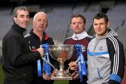30 January 2012; In attendance at the launch of the Allianz Football Leagues 2012 are, from left to right, Donegal manager Jim McGuinness, Cork manager Conor Counihan, Galway manager Alan Mulholland and Dublin footballer Kevin McManamon. Launch of the Allianz Football Leagues 2012, Croke Park, Dublin. Photo by Sportsfile