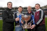 30 January 2012; In attendance at the launch of the Allianz Football Leagues 2012 are, from left to right, Donegal manager Jim McGuinness, Dublin footballer Kevin McManamon, Cork manager Conor Counihan and Galway manager Alan Mulholland. Launch of the Allianz Football Leagues 2012, Croke Park, Dublin. Photo by Sportsfile