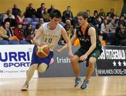 27 January 2012;  Scott Butler, St. Conleths, Dublin, in action against Peter Ferguson, St. Mary's CBGS, Belfast. All-Ireland Schools Cup U19B Boys Final, St. Mary's CBGS, Belfast v St. Conleths, Dublin, National Basketball Arena, Tallaght, Dublin. Picture credit: Barry Cregg / SPORTSFILE