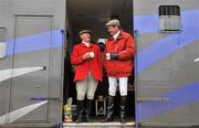 31 January 2012; Judges Liam Kelly, left, and John O'Connell enjoy a cup of tea before the start of the second round Greyhound and Pet World Oaks. Irish National Coursing Meeting, Powerstown Park, Clonmel, Co. Tipperary. Picture credit: David Maher / SPORTSFILE
