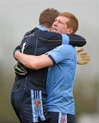 31 January 2012; Ciaran Hughes, right, and Shane McCormack, University of Ulster Jordanstown, celebrate at the end of the game. Irish Daily Mail Sigerson Cup, Round 1, University of Ulster Jordanstown v University of Limerick, Ratoath GAA Club, Ratoath, Co. Meath. Photo by Sportsfile