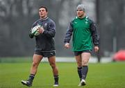 31 January 2012; Ireland's Eoin O'Malley, left, and Gordon D'Arcy during squad training ahead of their RBS Six Nations Rugby Championship game against Wales on Sunday. Ireland Rugby Squad Training, Carton House, Maynooth, Co. Kildare. Picture credit: Stephen McCarthy / SPORTSFILE