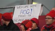 21 January 2017; A sign welcoming back Racing 92 defence coach Ronan O'Gara to Thomond Park ahead of the European Rugby Champions Cup Pool 1 Round 6 match between Munster and Racing Metro 92 at Thomond Park in Limerick.  Photo by Brendan Moran/Sportsfile