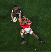 13 June 2017; Tevita Li of the Highlanders is tackled by Courtney Lawes of the British & Irish Lions during the match between the Highlanders and the British & Irish Lions at Forsyth Barr Stadium in Dunedin, New Zealand. Photo by Stephen McCarthy/Sportsfile