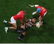 13 June 2017; Malakai Fekitoa of the Highlanders is tackled by Jonathan Joseph, left, and Jack Nowell of the British & Irish Lions during the match between the Highlanders and the British & Irish Lions at Forsyth Barr Stadium in Dunedin, New Zealand. Photo by Stephen McCarthy/Sportsfile