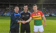 3 June 2017; Referee Seán Hurson with Dublin captain Stephen Cluxton and Carlow captain Daragh Foley ahead of the Leinster GAA Football Senior Championship Quarter-Final match between Dublin and Carlow at O'Moore Park, Portlaoise, in Co. Laois.  Photo by Ray McManus/Sportsfile
