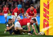 13 June 2017; Sam Warburton of the British & Irish Lions is congratulated by team-mates Jack Nowell, left, and Greig Laidlaw, right, after scoring his side's third try during the match between the Highlanders and the British & Irish Lions at Forsyth Barr Stadium in Dunedin, New Zealand. Photo by Stephen McCarthy/Sportsfile