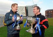 1 February 2012; Down manager James McCartan, right, and Meath selector and player Graham Geraghty pictured at the Titanic Building, Titanic Quarter, at the Belfast launch of the 2012 Allianz Football Leagues, Belfast, Co. Antrim. Picture credit: Oliver McVeigh / SPORTSFILE