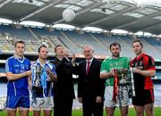 1 February 2012; Billy Finn, AIB Bank, with Uachtarán CLG Criostóir Ó Cuana and club captains, from left, Eoin Joyce, Clonbur, Galway, Cathal O'Neill, Derrytresk, Tyrone, junior football, Damien Murphy, Milltown Castlemaine, Kerry, and Michael Conroy, Davitts, Mayo, Intermediate football, in advance of the AIB GAA Hurling and Football Junior and Intermediate Club Championship Finals on Saturday 11th and Sunday 12th February in Croke Park. Croke Park, Dublin. Picture credit: Pat Murphy / SPORTSFILE