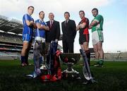 1 February 2012; Billy Finn, AIB Bank, with Uachtarán CLG Criostóir Ó Cuana and club captains, from left, Eoin Joyce, Clonbur, Galway, Cathal O'Neill, Derrytresk, Tyrone, junior football, Michael Conroy, Davitts, Mayo, and Damien Murphy, Milltown Castlemaine, Kerry, Intermediate football, in advance of the AIB GAA Hurling and Football Junior and Intermediate Club Championship Finals on Saturday 11th and Sunday 12th February in Croke Park. Croke Park, Dublin. Picture credit: Pat Murphy / SPORTSFILE