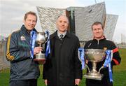 1 February 2012; Paul McCann, Allianz, centre, with Meath player and selector Graham Geraghty, left, and Down manager James McCartan at the Belfast launch of the 2012 Allianz Football Leagues at Titanic Building, Titanic Quarter, Belfast, Co. Antrim. Picture credit: Oliver McVeigh / SPORTSFILE