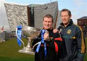 1 February 2012; Down manager James McCartan, left, and Meath selector and player Graham Geraghty pictured at the Titanic Building, Titanic Quarter, at the Belfast launch of the 2012 Allianz Football Leagues, Belfast, Co. Antrim. Picture credit: Oliver McVeigh / SPORTSFILE