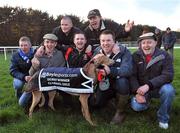 1 February 2012; Members of the winning syndicate, front row, left to right, Mick Sheehy, Sean Woods, Paddy Fitzgerald, John Paul Fitzgerald, James Hynes. Back row, John Costello, left, and Tom Sheehy celebrate after Go Home Hare won the Boylesports.com Derby. Irish National Coursing Meeting, Powerstown Park, Clonmel, Co. Tipperary. Picture credit: David Maher / SPORTSFILE