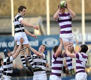 2 February 2012; Peadar Timmons, Clongowes Wood College, wins possession for his side in a lineout ahead of Dan Fernee, Belvedere College. Powerade Leinster Schools Senior Cup, 1st Round, Belvedere College v Clongowes Wood College, Donnybrook Stadium, Donnybrook, Dublin. Picture credit: Barry Cregg / SPORTSFILE
