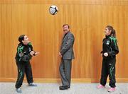 3 February 2012; In attendance at the official launch of Project Futsal Hub Ballymun with former Republic of Ireland International Ronnie Whelan are players from the project Futsal Hub, Ballymun, Trisha Dorman, left and Sinead O'Kelly. Ballymun Civic Centre, Main Street, Ballymun, Dublin. Picture credit: David Maher / SPORTSFILE
