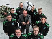 3 February 2012; In attendance at the official launch of Project Futsal Hub Ballymun with former Republic of Ireland International Ronnie Whelan are players, from left to right, Trisha Dorman, Jessica Gibson, Michelle Watson, Alex Whelan, Lee Meehan, Kevin Kelly, Brian Keenan and Paul Murray, all from the project Futsal Hub, Ballymun. Ballymun Civic Centre, Main Street, Ballymun, Dublin. Picture credit: David Maher / SPORTSFILE