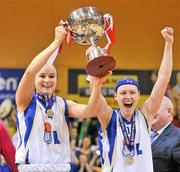 3 February 2012; UL captains Louise Galvin, left, and Rachael Vanderwal lifts the cup after the game. Basketball Ireland Women's Superleague Cup Final, DCU Mercy v UL, National Basketball Arena, Tallaght, Co. Dublin. Picture credit: Brendan Moran / SPORTSFILE
