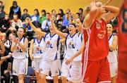3 February 2012; UL players, including Miriam Liston, 7 and Rachael Vanderwal, 11, celebrate at the final buzzer. Basketball Ireland Women's Superleague Cup Final, DCU Mercy v UL, National Basketball Arena, Tallaght, Co. Dublin. Picture credit: Brendan Moran / SPORTSFILE