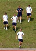 13 June 2002; Republic of Ireland players, from left, Robbie Keane, Steve Staunton, Damien Duff, Kevin Kilbane and Niall Quinn, front, during a Republic of Ireland training session at Sangok-dong Military Sports Facility in Seoul, South Korea. Photo by David Maher/Sportsfile