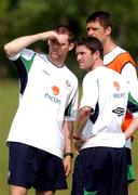 13 June 2002; Republic of Ireland players Kevin Kilbane, left, Niall Quinn, right, and Robbie Keane, who did not part, during squad training watch onduring a Republic of Ireland training session at Sangok-dong Military Sports Facility in Seoul, South Korea. Photo by David Maher/Sportsfile