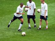 15 June 2002; Steven Reid, left, Clinton Morrison, centre, and Damien Duff during a training session at Suwon World Cup Stadium in Suwon, South Korea, prior to their FIFA World Cup 2002 Round of 16 match between Spain. Photo by David Maher/Sportsfile