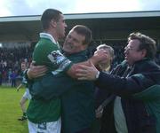 15 June 2002; Limerick manager Liam Kearns celebrates with John Galvin, left, following their side's victory during the Bank of Ireland All-Ireland Senior Football Championship Qualifier Round 1 Replay match between Cavan and Limerick at Breffni Park in Cavan. Photo by Aoife Rice/Sportsfile
