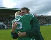 15 June 2002; Limerick manager Liam Kearns celebrates with Stephen Lavin following their side's victory during the Bank of Ireland All-Ireland Senior Football Championship Qualifier Round 1 Replay match between Cavan and Limerick at Breffni Park in Cavan. Photo by Aoife Rice/Sportsfile