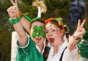 16 June 2002; Republic of Ireland supporters Stacy Gallagher and Nathan O'Hanlon, both from Dublin, outside the stadium prior to the FIFA World Cup 2002 Round of 16 match between Spain and Republic of Ireland at Suwon World Cup Stadium in Suwon, South Korea. Photo by David Maher/Sportsfile