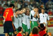 16 June 2002; Republic of Ireland players, from left, Robbie Keane, Steve Finnan, Kevin Kilbane, Mark Kinsella, Niall Quinn and Kenny Cunningham watch on during the penalty shoot out of the FIFA World Cup 2002 Round of 16 match between Spain and Republic of Ireland at Suwon World Cup Stadium in Suwon, South Korea. Photo by David Maher/Sportsfile