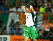 16 June 2002; Matt Holland of Republic of Ireland reacts after missing a penalty in the penalty shoot-out of the FIFA World Cup 2002 Round of 16 match between Spain and Republic of Ireland at Suwon World Cup Stadium in Suwon, South Korea. Photo by David Maher/Sportsfile