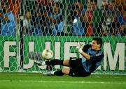 16 June 2002; Spain goalkeeper Iker Casillas saves a penalty from Republic of Ireland's Kevin Kilbane during the penalty shoot-out of the FIFA World Cup 2002 Round of 16 match between Spain and Republic of Ireland at Suwon World Cup Stadium in Suwon, South Korea. Photo by David Maher/Sportsfile