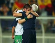 16 June 2002; Republic of Ireland physio Mick Byrne consoles Kevin Kilbane following their side's defeat during the FIFA World Cup 2002 Round of 16 match between Spain and Republic of Ireland at Suwon World Cup Stadium in Suwon, South Korea. Photo by David Maher/Sportsfile