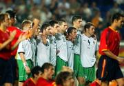 16 June 2002; Republic of Ireland players, from left, Damien Duff, Matt Holland, Robbie Keane, Steve Finnan, Kevin Kilbane, Mark Kinsella, Niall Quinn and Kenny Cunningham during the penalty shoot out of the FIFA World Cup 2002 Round of 16 match between Spain and Republic of Ireland at Suwon World Cup Stadium in Suwon, South Korea. Photo by David Maher/Sportsfile