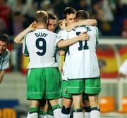 16 June 2002; Republic of Ireland players, from left, Damien Duff, David Connolly, Steve Finnan and Kevin Kilbane following their side's defeat during the FIFA World Cup 2002 Round of 16 match between Spain and Republic of Ireland at Suwon World Cup Stadium in Suwon, South Korea. Photo by David Maher/Sportsfile