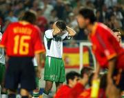 16 June 2002; Niall Quinn of Republic of Ireland holds his head during the penalty shoot-out of the FIFA World Cup 2002 Round of 16 match between Spain and Republic of Ireland at Suwon World Cup Stadium in Suwon, South Korea. Photo by David Maher/Sportsfile