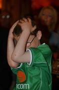 16 June 2002; GAA and Republic of Ireland fan Oisin Moran reacts whilst watching the FIFA World Cup 2002 Round of 16 match between Spain and Republic of Ireland in South Korea, prior to the Ulster Football Championship Semi-Final match between Donegal and Derry St TiernachÕs Park in Clones, Monaghan. Photo by Aoife Rice/Sportsfile