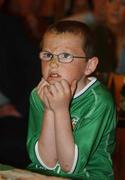 16 June 2002; GAA and Republic of Ireland fan Oisin Moran reacts whilst watching the FIFA World Cup 2002 Round of 16 match between Spain and Republic of Ireland in South Korea, prior to the Ulster Football Championship Semi-Final match between Donegal and Derry St TiernachÕs Park in Clones, Monaghan. Photo by Aoife Rice/Sportsfile