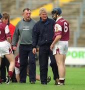 15 June 2002; Galway manager Noel Lane, centre, and selector Michael McNamara, left, in conversation with Galway captain Liam Hodgins during the Guinness All-Ireland Senior Hurling Championship Qualifing Round 1 match between Galway and Down at Casement Park in Belfast. Photo by Damien Eagers/Sportsfile