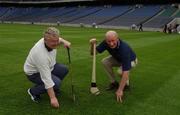 17 June 2002; Dublin selector Dave Billings, left, and Kilkenny hurling manager Brian Cody during a pitch walk prior to the first championship match at Croke Park in Dublin. Photo by Damien Eagers/Sportsfile