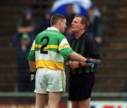 16 June 2002; Referee Seamus Prior has words with Offaly's Cathal Daly during the Bank of Ireland Leinster Senior Football Championship Semi-Final match between Kildare and Offaly at Nowlan Park in Kilkenny. Photo by Ray McManus/Sportsfile