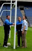 17 June 2002; Dublin players, from left, Barry Cahill, Alan Brogan and Colin Moran examine the new goalposts during a pitch walk prior to their Bank of Ireland Leinster Senior Football Championship Semi-Final match against Meath on Sunday 23rd June, at Croke Park in Dublin. Photo by Damien Eagers/Sportsfile