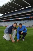 17 June 2002; Dublin players John Magee, left and Alan Brogan examine the new pitch during a pitch walk prior to their Bank of Ireland Leinster Senior Football Championship Semi-Final match against Meath on Sunday 23rd June, at Croke Park in Dublin. Photo by Damien Eagers/Sportsfile